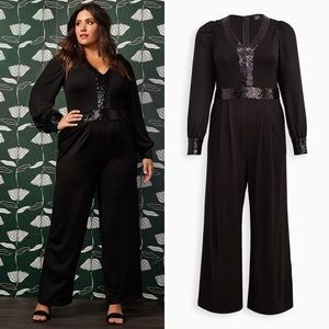 NWT Torrid X Sylvia Mollie Black Ponte Sequin Trim V-Neck Jumpsuit